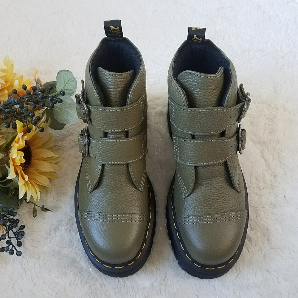 Dr. Martens Devon Flower Buckle Platform Boots in Khaki Green - Picture 5 of 8